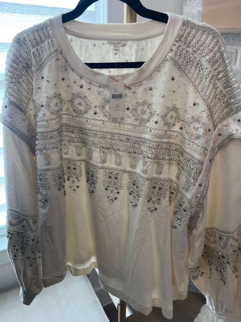 Pilcro Cream Embellished Beaded Long-Sleeve Sweatshirt